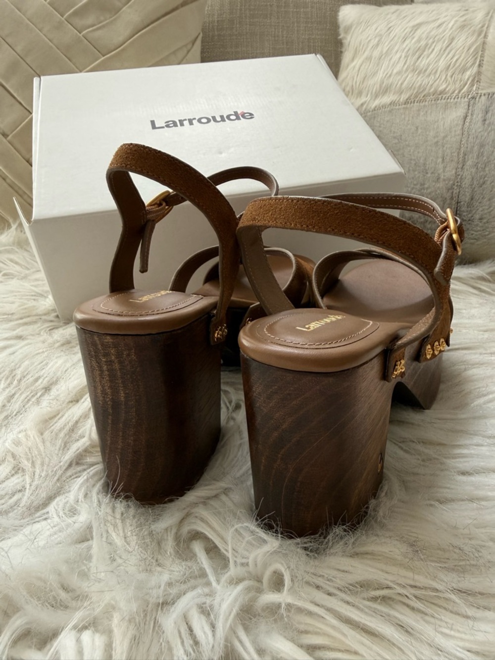 Larroude Talitha Russet Suede Platform Sandals with Gold Studs - Picture 7 of 12